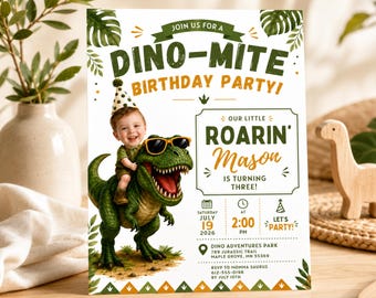 Dinosaur Birthday Invitation, Editable Photo Face Template, Three Rex Birthday Party Invite, Boy 3rd Birthday Invitation