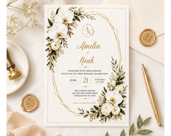 Plantilla elegante para invitación de boda, invitación de boda con orquídea blanca, descarga de plantilla geométrica dorada para Canva