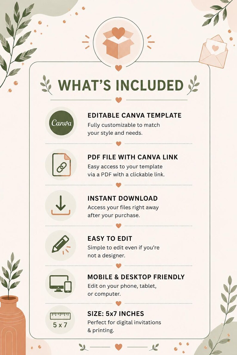 May include: An infographic with the title "WHAT'S INCLUDED" lists features of a digital product. Includes an editable Canva template, PDF file with a link, instant download, easy editing, and mobile/desktop compatibility. The size is 5x7 inches.