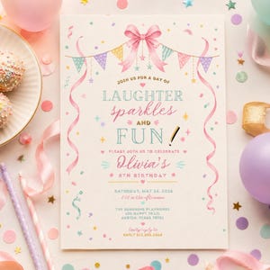 Può includere: Un biglietto d'invito di compleanno rettangolare con un fiocco rosa, festoni colorati e coriandoli. Il testo recita: JOIN US FOR A DAY OF LAUGHTER sparkles AND FUN, PLEASE JOIN US TO CELEBRATE Olivia's 8TH BIRTHDAY, SATURDAY, MAY 24, 2026, 2:00 in the afternoon, THE SUNSHINE PLAYHOUSE, 456 HAPPY TRAIL, AUSTIN, TEXAS 78761, kindly reply to EMILY 512.555.2468.