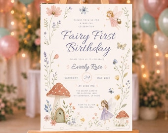 Plantilla de invitación de primer cumpleaños de hadas, invitación editable para fiesta de hadas en Canva, cumpleaños en jardín encantado, primer cumpleaños de niña