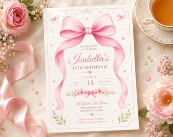 Invitación de cumpleaños con lazo rosa acuarela, invitación de cumpleaños coqueta, invitación de fiesta con cinta pastel, plantilla editable de Canva
