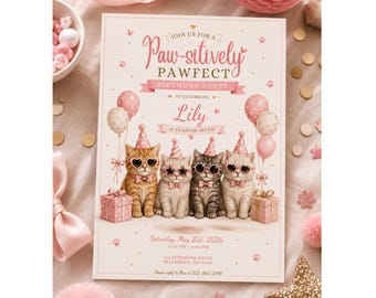 Cat Birthday Invitation, Girl Cat Birthday Party Invite, Cute Kitten Party, Pink Cat Party, Editable Canva Template, Printable Invitation