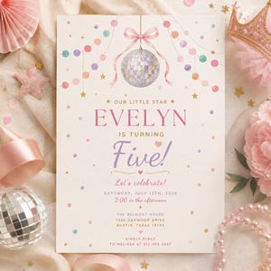 May include: A rectangular birthday invitation card featuring a disco ball illustration with a pink bow, colorful bunting, and gold stars. The text reads: Our Little Star Evelyn is turning Five! Let's celebrate! Saturday, July 12th, 2026, 2:00 in the afternoon, The Belmont House, 1454 Oakwood Drive, Austin, Texas 78703, Kindly reply to Melissa at 512-555-3647.