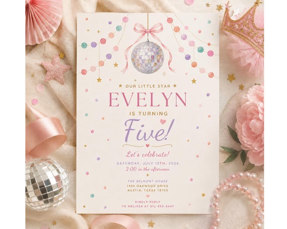 Disco Birthday Invitation, Girl Birthday Invite, Pink Bow Disco Ball, Pastel Disco Party, Editable Canva Template, Printable Birthday Invite