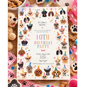 Dog Birthday Invitation, Watercolor Puppy Party Custom Invitation, Cute Dog Birthday Invite, Colorful Pet Party, Whimsical Animal Theme