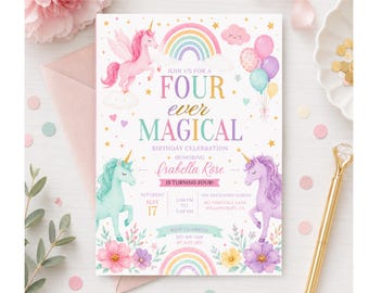 Four Ever Magical Unicorn Birthday Invitation, Rainbow Unicorn 4th Birthday Party Invite, Editable Canva Template Download