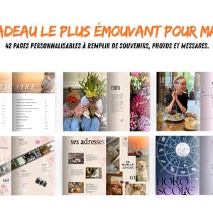 May include: A personalized photo album with the text "LE CADEAU LE PLUS &Eacute;MOUVANT POUR MAMAN" and "42 PAGES PERSONNALISABLES &Agrave; REMPLIR DE SOUVENIRS, PHOTOS ET MESSAGES." The album features various layouts with photos and text, including a table of contents and horoscope pages.
