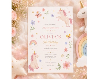 Unicorn Birthday Invitation, Unicorn Party Invite, Magical Girl Birthday, Pink Rainbow Unicorn, Editable Canva Template