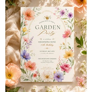 Tuinfeestuitnodiging, bloemen verjaardagsuitnodiging, uitnodiging voor een tuinfeest met wilde bloemen, bewerkbare Canva-sjabloon in aquarel cottagecore-stijl