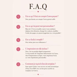 May include: A cream-colored graphic with the text "F.A.Q" in a brown serif font. The page includes questions and answers about a Canva template, with pink circular icons and decorative hearts.