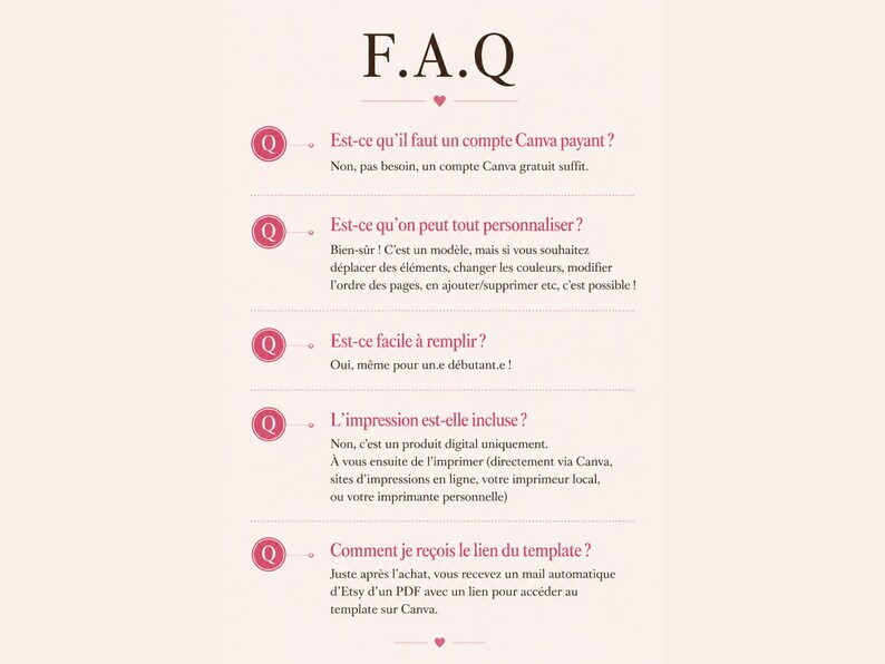 May include: A cream-colored graphic with the text "F.A.Q" in a brown serif font. The page includes questions and answers about a Canva template, with pink circular icons and decorative hearts.