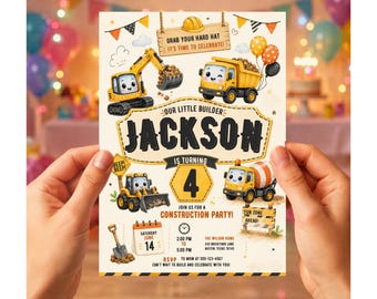 Construction Birthday Invitation Template, Builder Truck Party Invite, Editable Canva Construction Birthday Digital Download