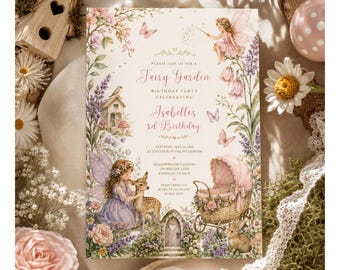 Storybook Fairy Garden Birthday Invitation, Whimsical Woodland Birthday Invite, Cottagecore Watercolor, Editable Canva Template