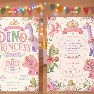 DINO PRINCESS PARTY Girl 3rd Birthday Invitation, Pink Pastel Dinosaur Princess Party Invite, Editable Printable Template image 2