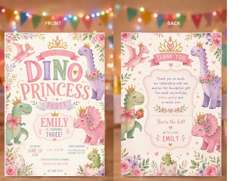 DINO PRINCESS PARTY Girl 3rd Birthday Invitation, Pink Pastel Dinosaur Princess Party Invite, Editable Printable Template image 2