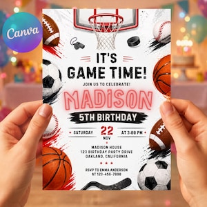 Peut inclure: Une invitation d'anniversaire sur le thème du sport avec un ballon de basket, un ballon de football américain, un ballon de football et un ballon de baseball. Le texte comprend "It's Game Time!" et "Madison 5th Birthday".