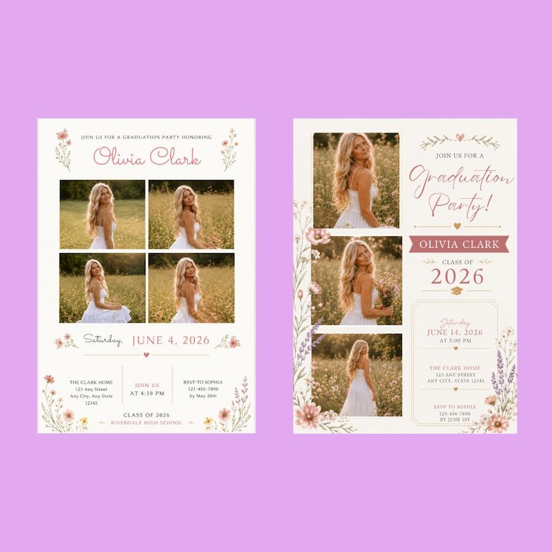 May include: Two graduation party invitations on a lavender background. The invitations feature photos of a woman in a white dress, floral accents, and text that reads "Olivia Clark" and "Class of 2026". One invitation is for June 4, 2026, and the other is for June 14, 2026.