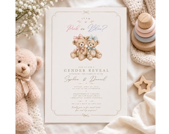 Gender Reveal Invitation, Teddy Bear Gender Reveal Party, Pink or Blue Baby Reveal, Vintage Teddy Bear, Neutral Baby Shower, Editable Canva