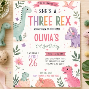 Pastel Dinosaur Birthday Invitation Girl, Three Rex Birthday Party Invite, Pink Dino Party, Editable Canva Template, Printable 3rd Birthday