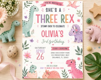 Invitación de cumpleaños de dinosaurios en tonos pastel para niña, invitación de fiesta de cumpleaños de Three Rex, fiesta de dinosaurios rosas, plantilla editable de Canva, imprimible para el tercer cumpleaños