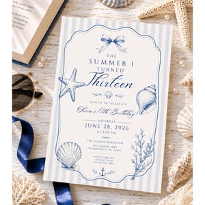 Invito di compleanno "L'estate in cui sono diventata bella", invito di compleanno a tema costiero, invito per festa in spiaggia, compleanno per qualsiasi età, modificabile su Canva.