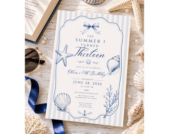 Plantilla de invitación de cumpleaños "El verano en que me volví guapa", invitación de cumpleaños costera, invitación para fiesta en la playa, cumpleaños de cualquier edad, editable en Canva.