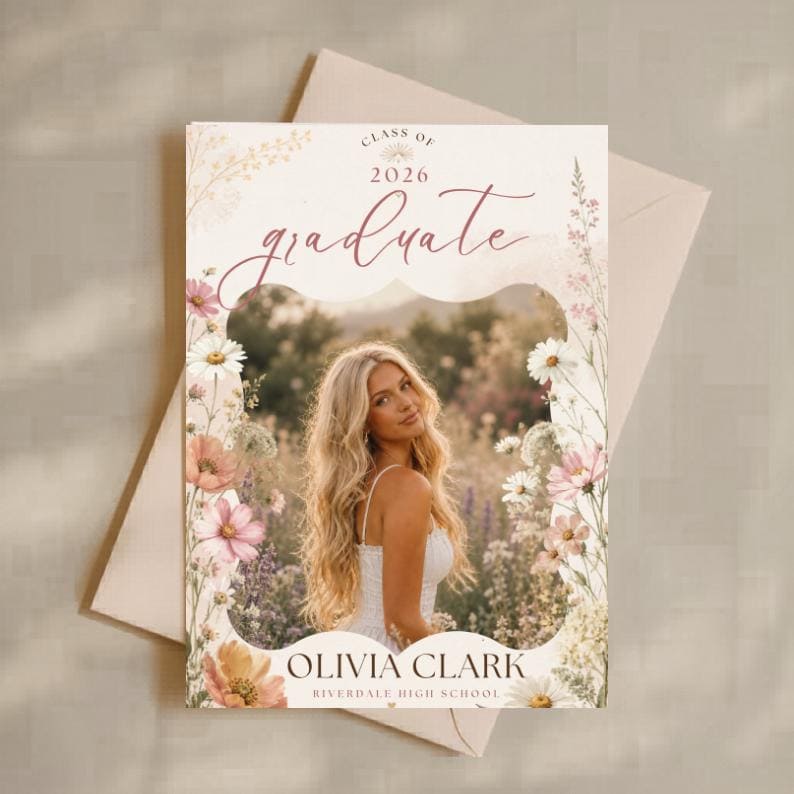 May include: A graduation announcement featuring a photo of a woman with long blonde hair, surrounded by flowers. The text reads "Class of 2026 Graduate" and the name "Olivia Clark" with "Riverdale High School" below.