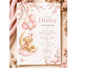 Invitación para baby shower "Un pequeño tesoro está en camino", temática de ositos de peluche y luna, invitación floral rosa para baby shower, plantilla de Canva