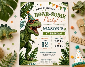 ¡Ven a celebrar una fiesta rugiente! Invitación de cumpleaños de dinosaurios, invitación para fiesta de cumpleaños de niño de 6 años, plantilla editable de Canva.