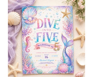 DUIK IN DE VIJF! Zeemeermin verjaardagskaart, bewerkbare uitnodiging voor de 5e verjaardag, uitnodiging voor een onderwaterfeest, pastelkleurige zeemeermin Canva-sjabloon