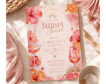 Inbjudan till sommarfest i solnedgångskväll, inbjudan till tropisk födelsedagsfest, rosa cocktailfest, redigerbar canvas-nedladdning