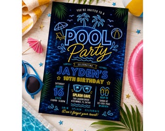 Plantilla de invitación de cumpleaños para fiesta en la piscina con temática neón, invitación para fiesta en la piscina luminosa, invitación para fiesta de verano en la piscina, plantilla editable de Canva.