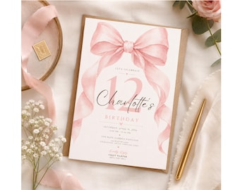 Invitación de cumpleaños con lazo rosa, invitación coqueta para fiesta de cumpleaños, plantilla elegante con cinta para cumpleaños, descarga editable en Canva.