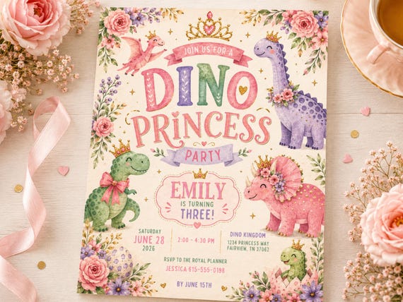 DINO PRINCESS PARTY Girl 3rd Birthday Invitation, Pink Pastel Dinosaur Princess Party Invite, Editable Printable Template