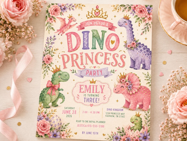 May include: A rectangular invitation card featuring watercolor illustrations of dinosaurs wearing gold crowns, surrounded by pink and purple floral arrangements. The text reads: DINO PRINCESS PARTY, EMILY IS TURNING THREE, JUNE 28 2026, 2:00-4:30 PM, DINO KINGDOM, 1234 PRINCESS WAY, FAIRVIEW, TN 27062, RSVP TO THE ROYAL PLANNER JESSICA 615-555-0198 BY JUNE 15TH.
