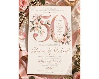 50th Anniversary Invitation, Golden Anniversary Party, Watercolor Floral Anniversary, Elegant 50th Wedding Anniversary, Editable Canva