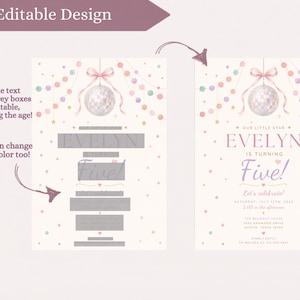 May include: A digital birthday invitation template featuring a disco ball with a pink bow, pastel bunting, and gold stars. The design includes editable grey text boxes for event details, with the name Evelyn and the age Five displayed in pink and purple.
