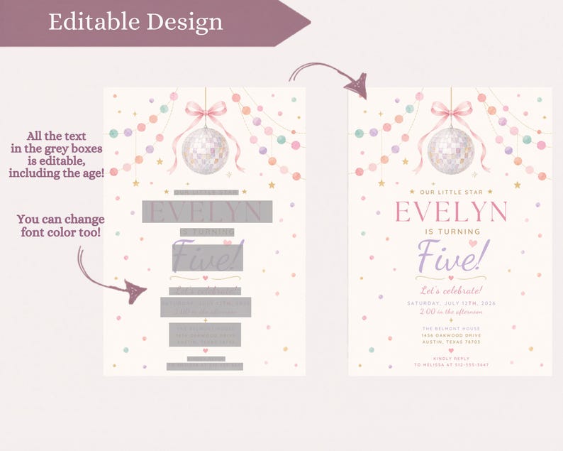 May include: A digital birthday invitation template featuring a disco ball with a pink bow, pastel bunting, and gold stars. The design includes editable grey text boxes for event details, with the name Evelyn and the age Five displayed in pink and purple.