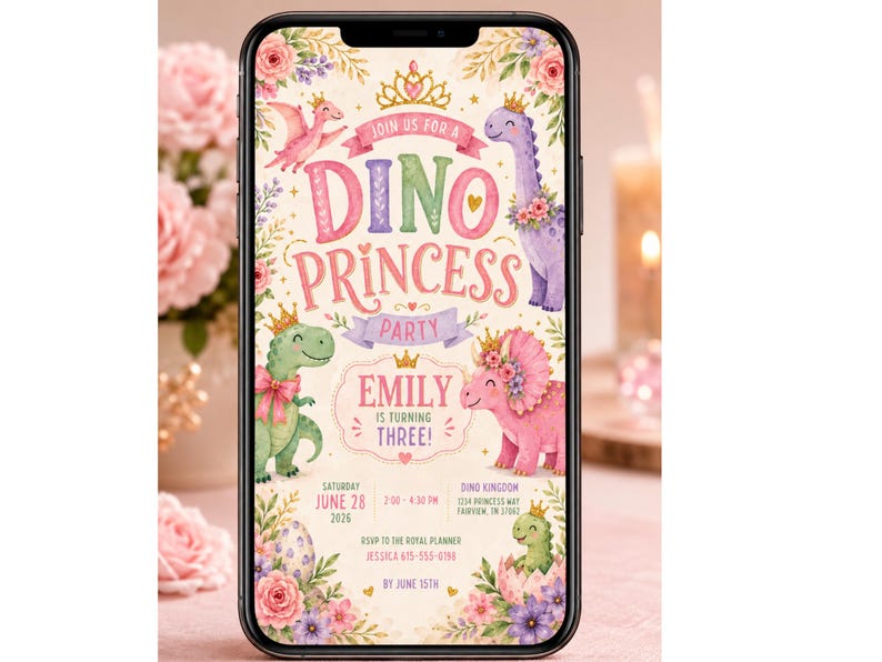 May include: A smartphone screen displaying a digital invitation for a Dino Princess Party for Emily turning three. The design features pastel-colored dinosaurs wearing crowns, floral arrangements, and text details including the date June 28, 2026.