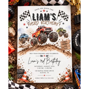 May include: A rectangular birthday invitation card featuring a monster truck theme with red, blue, and green trucks, checkered flags, and mud splatters. The text reads: Race on over for Liam's Third Birthday, Three Times the Fun, and event details.