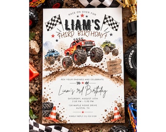 Monster Truck Birthday Invitation, Monster Truck Party Invite for Boys, 3rd Birthday, Off Road Truck Theme, Editable Canva Template