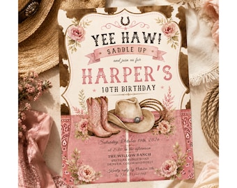 Cowgirl Birthday Invitation, Pink Western Birthday Party Invite, Flirty Cowgirl Invitation, Boots and Bows Birthday, Canva Template