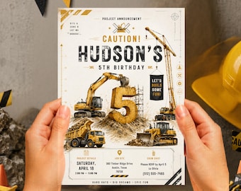 Plantilla de invitación de cumpleaños con temática de construcción, invitación para fiesta de construcción, invitación de cumpleaños de excavadora, fiesta de cumpleaños de camión, plantilla de Canva