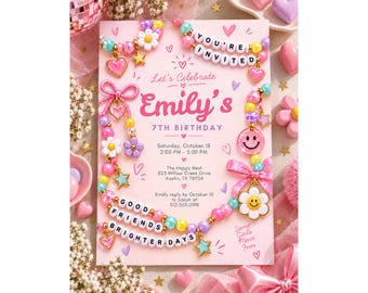 Girls Birthday Invitation, Beaded Bracelet Birthday Party, Colorful Kawaii Invite, 7th Birthday Girl, Editable Canva Template