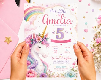 Plantilla de invitación de cumpleaños de unicornio, invitación para fiesta de unicornio, invitación de cumpleaños de unicornio arcoíris, unicornio mágico, plantilla editable de Canva
