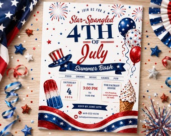 Plantilla de invitación para fiesta del 4 de julio, invitación para fiesta patriótica de verano, invitación para celebración del Día de la Independencia, plantilla editable de Canva.