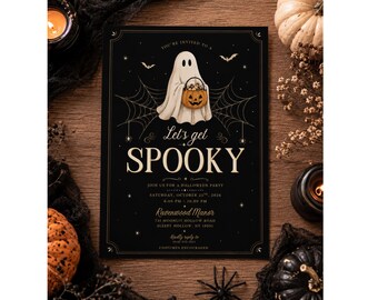 Halloween Party Invitation, Elegant Gothic Halloween Invite, Black Gold Halloween Party, Spooky Ghost Invitation, Editable Canva Templates