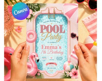 Plantilla de invitación de cumpleaños para fiesta en la piscina, invitación rosa coqueta para fiesta en la piscina, plantilla editable de Canva para cumpleaños de verano en la piscina, descarga digital.