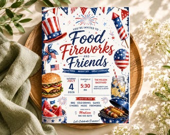 Modello di invito per il 4 luglio, invito modificabile per barbecue su Canva, invito per grigliata patriottica, celebrazione del Giorno dell'Indipendenza, modello digitale
